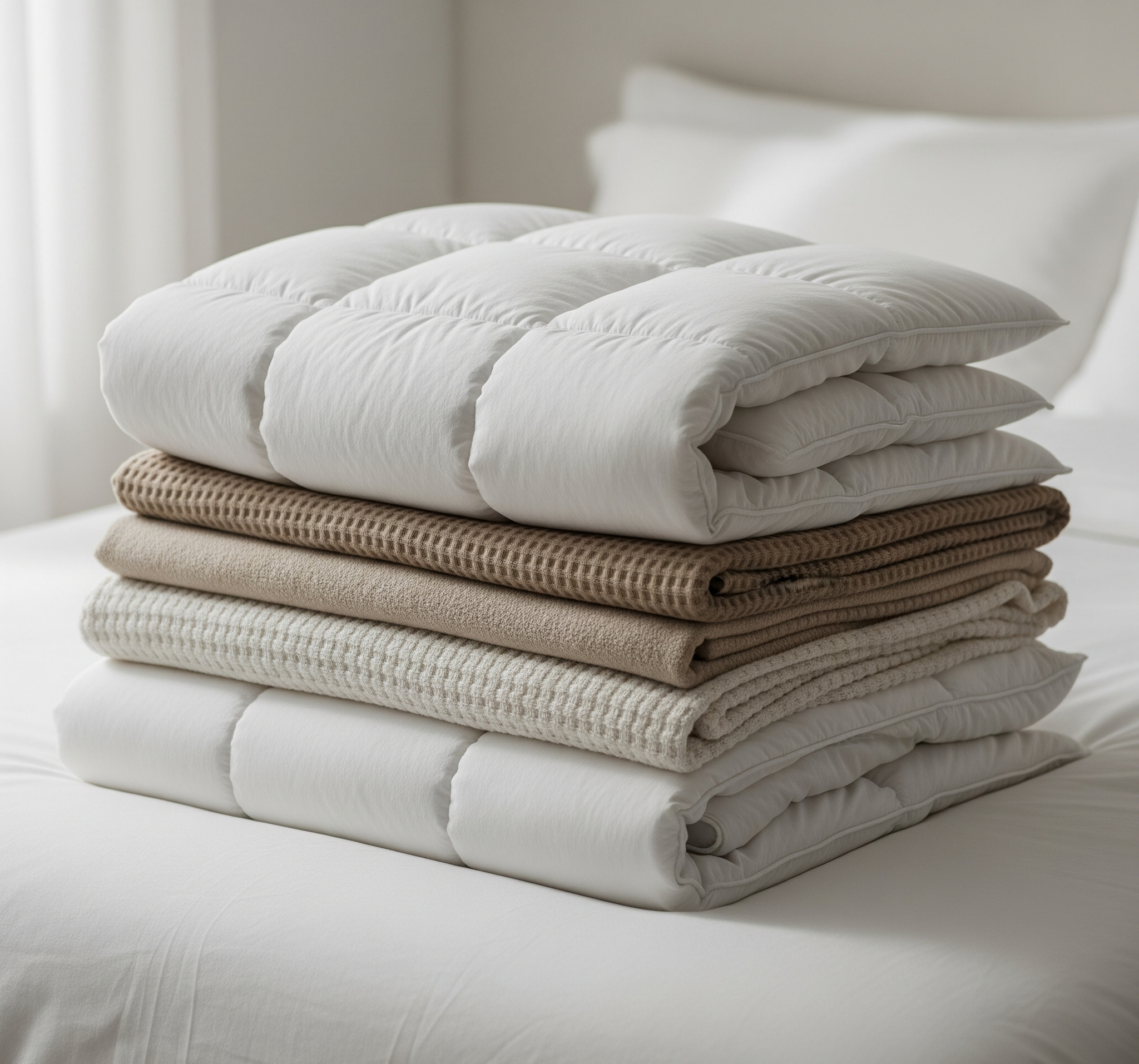 Fluffy, Neatly Folded Comforter And Blankets
