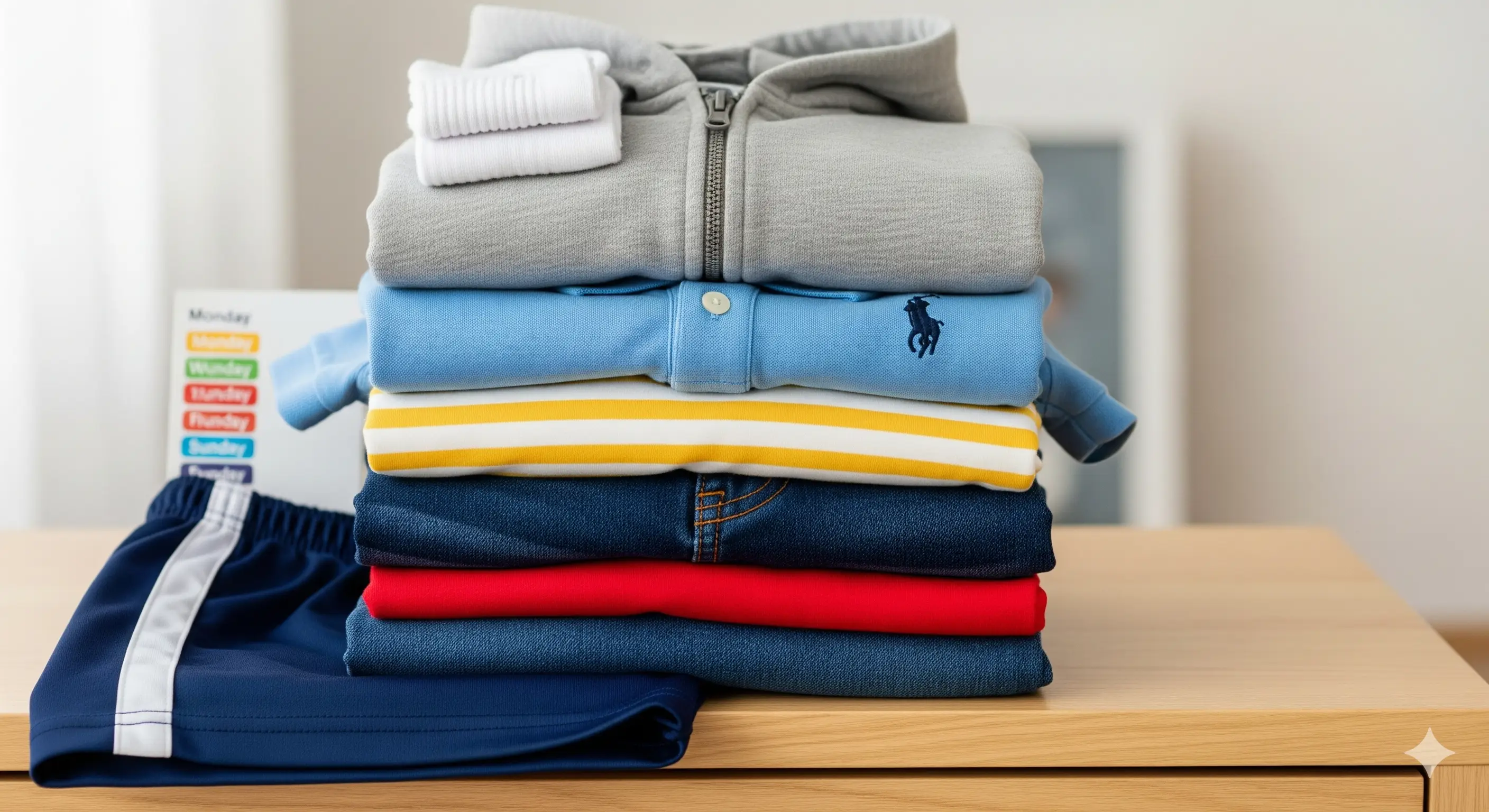 A Neat Stack Of Folded Kids' Clothes, Including A School Polo Shirt And A Pair Of Soccer Shorts, Ready For The Week.