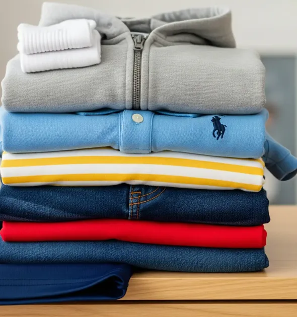 A Neat Stack Of Folded Kids' Clothes, Including A School Polo Shirt And A Pair Of Soccer Shorts, Ready For The Week.