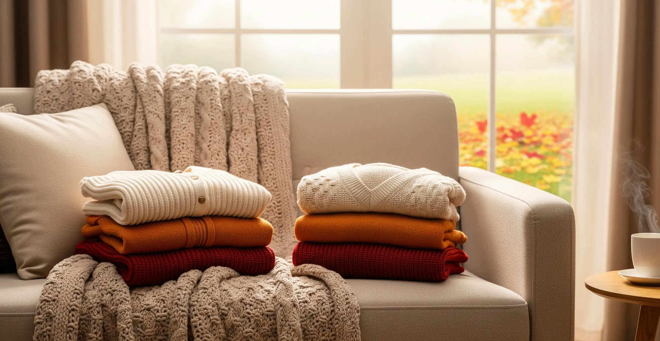 A Cozy Scene With Neatly Folded Sweaters And A Plush Blanket On A Sofa, With A Hint Of Autumn Leaves Visible Through A Window.