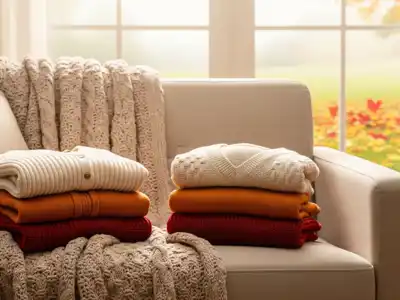 A Cozy Scene With Neatly Folded Sweaters And A Plush Blanket On A Sofa, With A Hint Of Autumn Leaves Visible Through A Window.