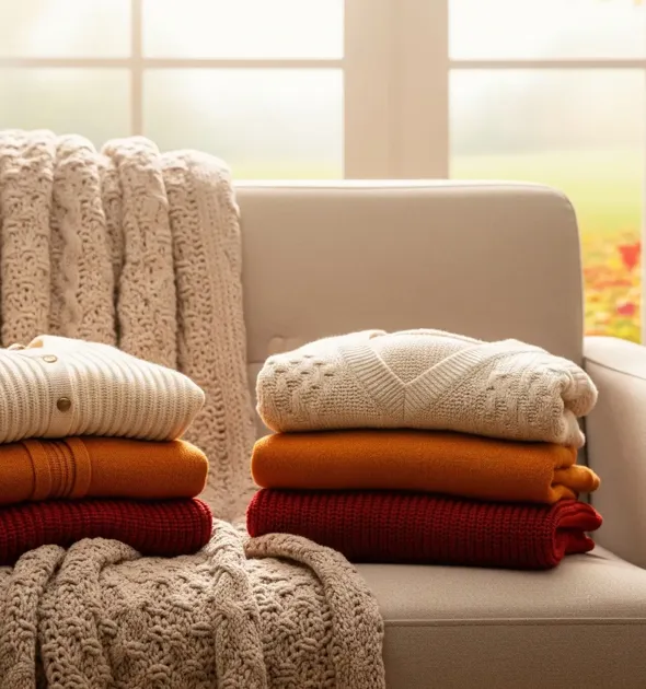 A Cozy Scene With Neatly Folded Sweaters And A Plush Blanket On A Sofa, With A Hint Of Autumn Leaves Visible Through A Window.